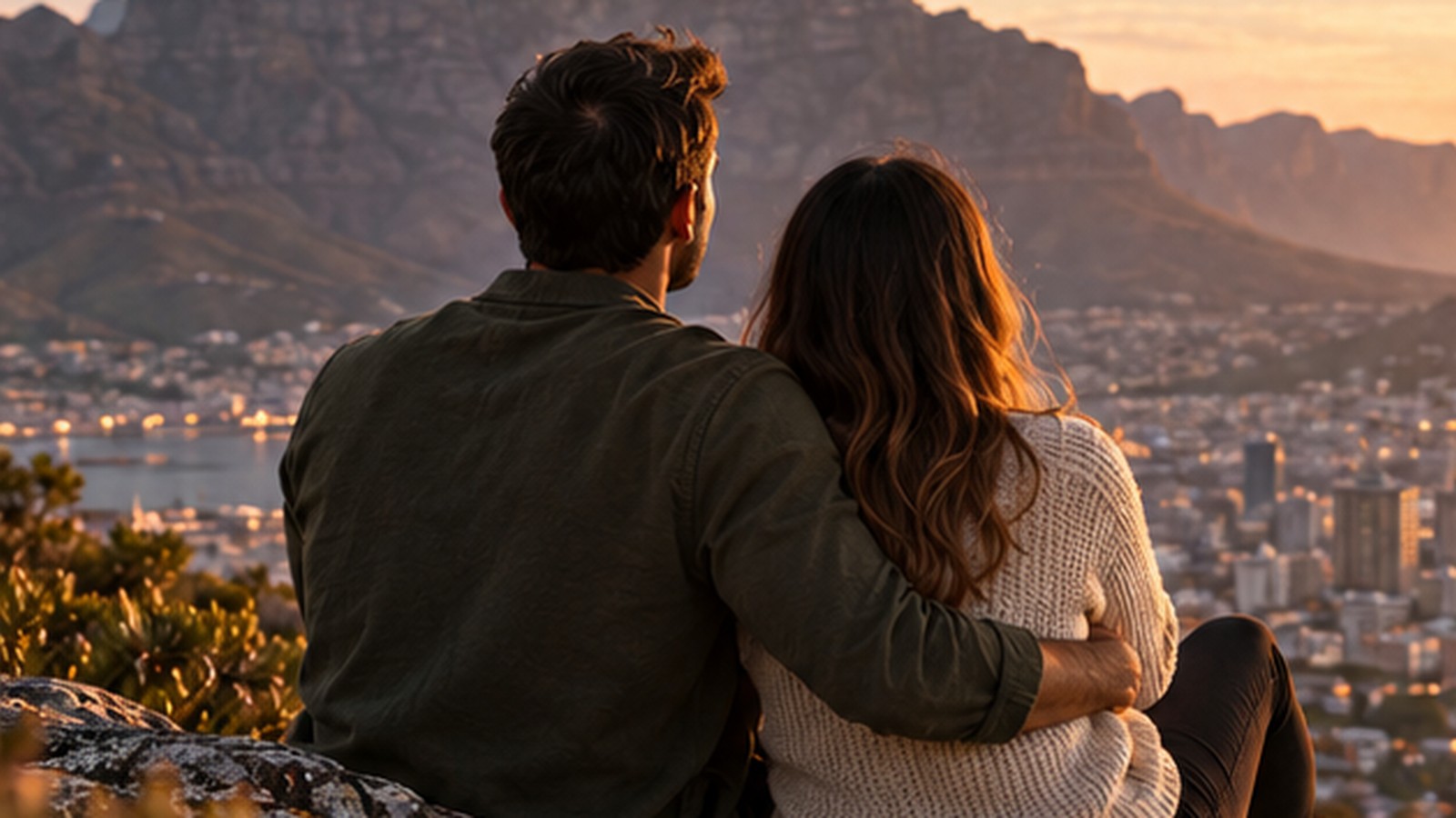 Couple overlooking Cape Town while considering long-term plans